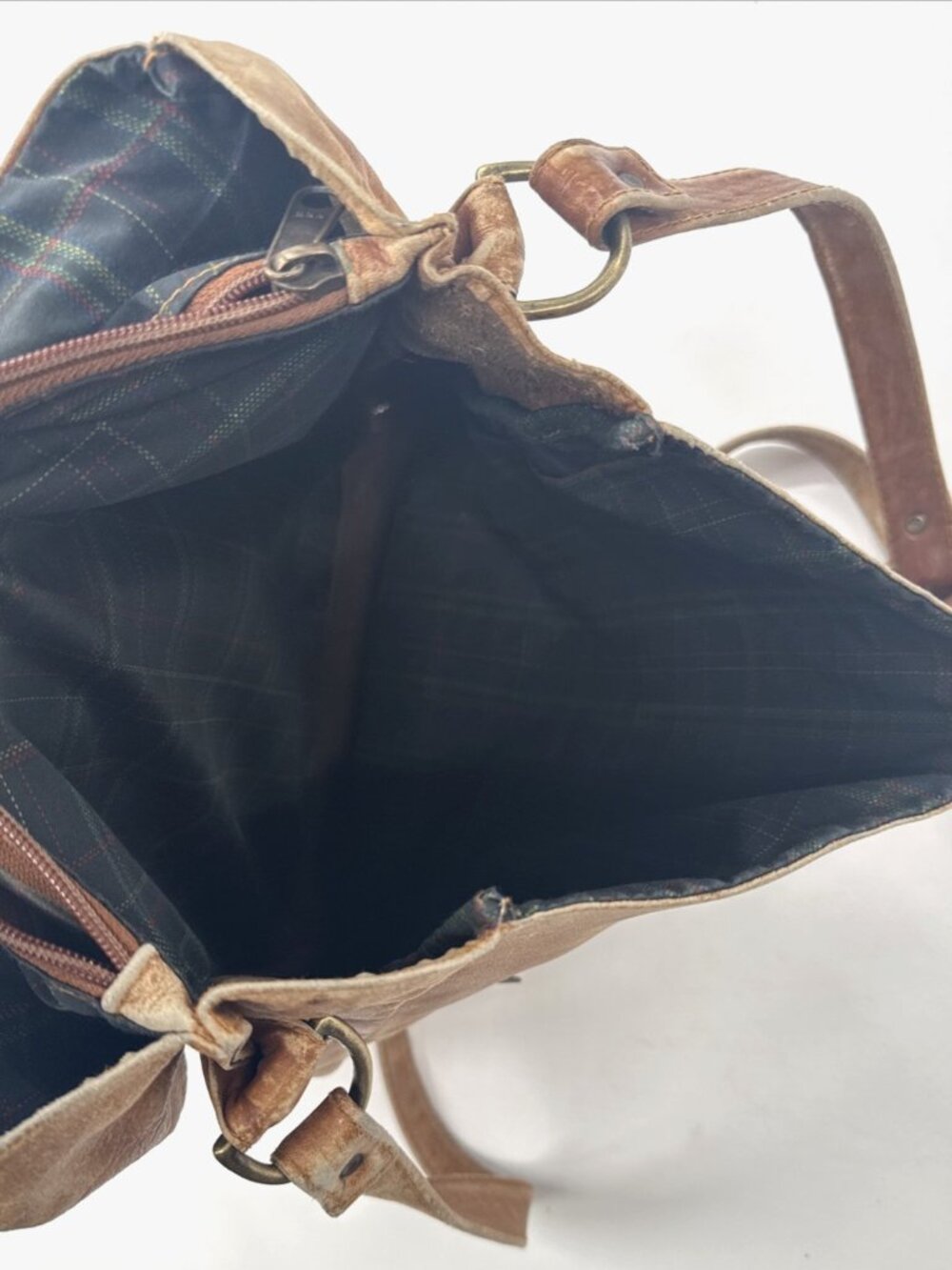 Boulder Ridge Messenger Bag Tan Cowhide Leather Plaid Lined Pockets Distressed - Picture 13 of 16
